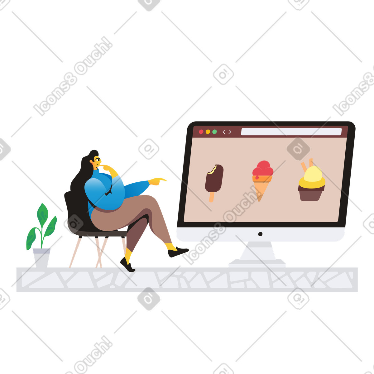 Jaconda スタイルの User choosing ice cream flavor on computer, Online food shopping のイラストをPNG、SVG形式でダウンロード