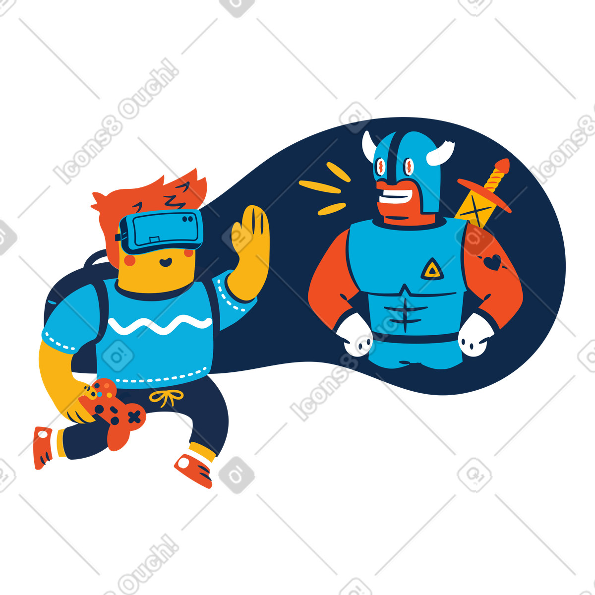 Gamer in VR headset facing fantasy warrior virtual world, Entertainment and immersive play illustration Flame style download PNG, SVG