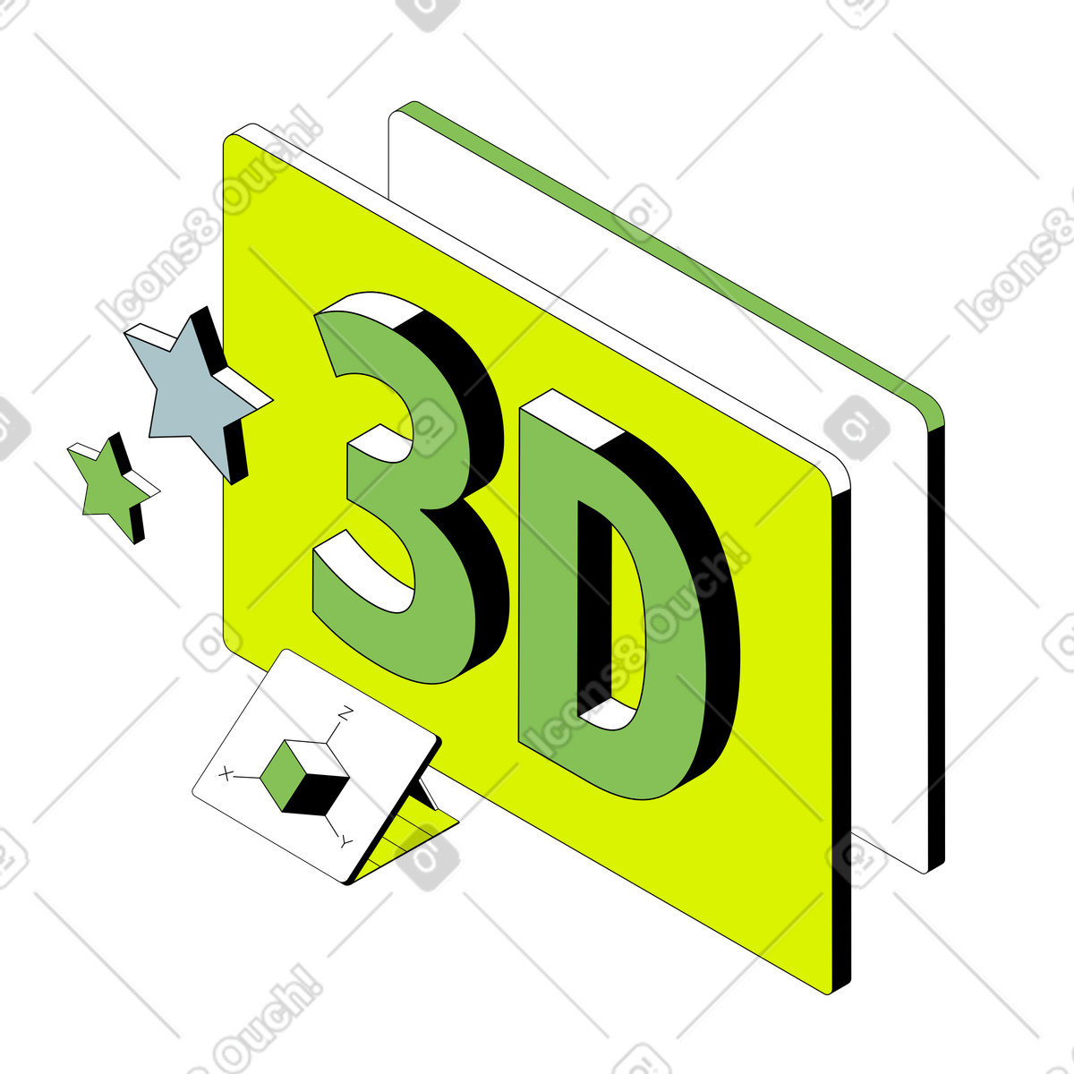 Plate with word 3D, decorative stars and XYZ axis cube, 3D modeling prototyping illustration in Isometric style download in PNG, SVG