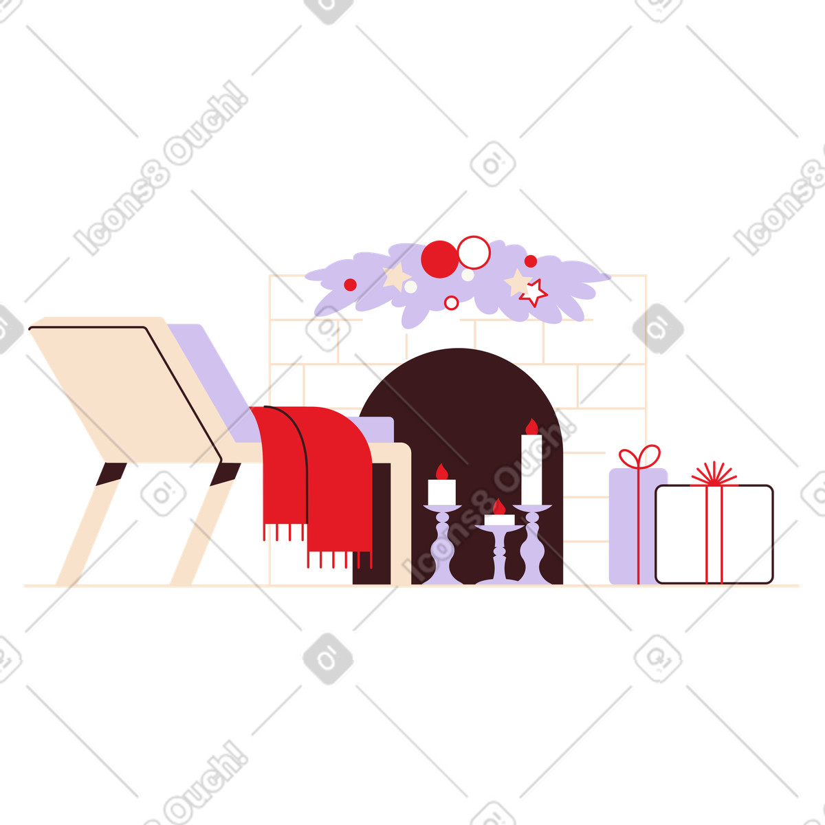 Ilustración Decorated fireplace with gifts and candles, Seasonal home interior en estilo Folks a descargar en PNG y SVG