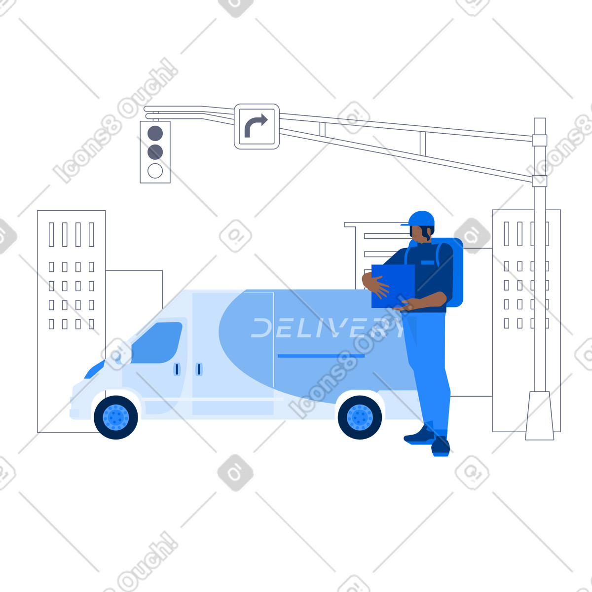 Ilustração de Delivery worker holding package by vehicle, Last mile parcel service em no estilo Urban para baixar em PNG, SVG