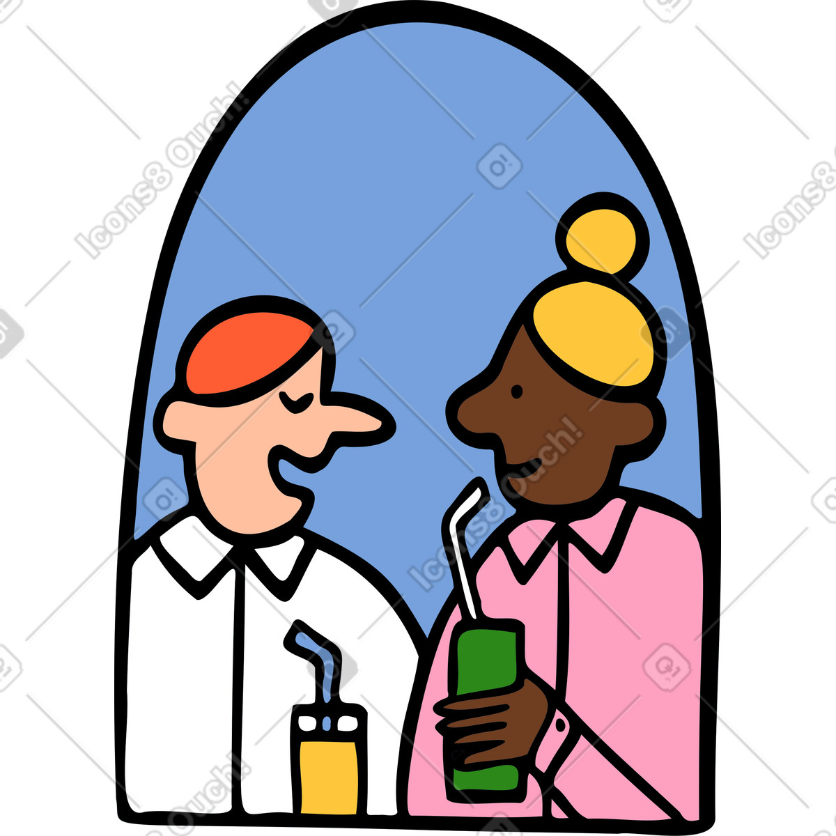 Two people chatting and having a drink in window illustration Comic style download PNG, SVG