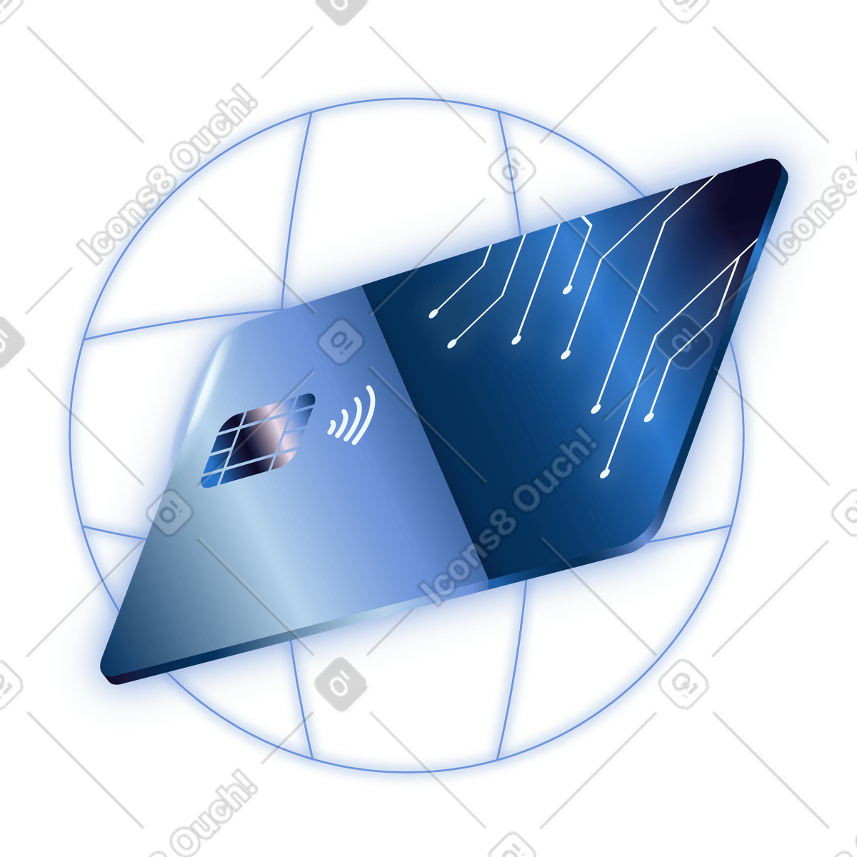Online transaction by contactless bank card with chip and circuits illustration in Dimension style download in PNG, SVG
