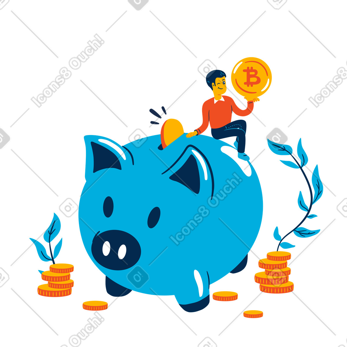 Ilustração de Piggy bank with gold coins and bitcoin, Cryptocurrency savings investment em no estilo Flame para baixar em PNG, SVG
