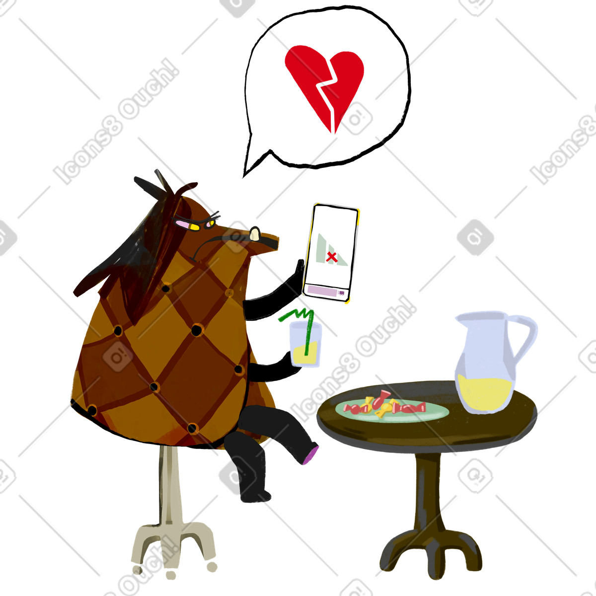 Cafe visitior sits at the table with no connection illustration in Atomic style download in PNG, SVG