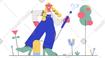 Girl near apple tree with pesticide machine PNG, SVG