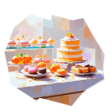 An elegant display of various orange-flavored desserts arranged on a glossy white marble countertop at a patisserie. There is a tall, intricately designed orange cake with layers of creamy frosting, surrounded by smaller pastries including orange tarts with shiny glaze, delicate macarons in bright orange, and chocolate-dipped orange slices. Fresh orange zest is scattered around the desserts for added detail, and there are crystal-clear display cases reflecting light, enhancing the upscale atmosphere of the patisserie.