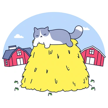 A chubby cat with a fluffy coat is lounging comfortably on a tall haystack. The cat's fur is a mix of gray and white shades, with its eyes closed in relaxation. The haystack is made of golden straw, and it is surrounded by scattered blades of grass. In the background, there are a few barn structures with red-painted wooden walls and a clear blue sky above, indicating a sunny day in the farmyard.