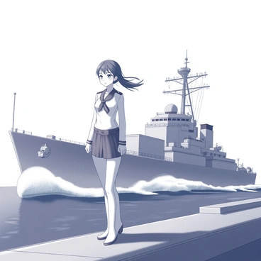 A gesugao ship girl stands on the deck of a large battleship. She has a determined expression on her face, her eyes focused on the horizon. Her hair flows in the wind, and she wears a naval uniform that accentuates her character. The battleship has a series of gun turrets and a well-defined bow. The ocean stretches out behind her, with waves gently crashing against the hull of the ship. The sky above is clear, creating a sense of openness as she gazes into the distance.