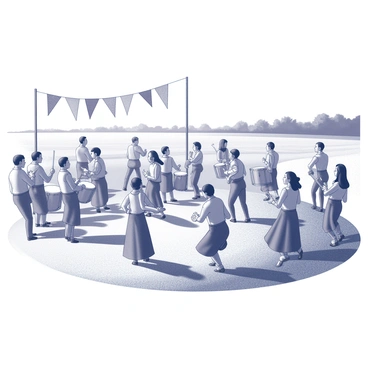 A lively festival scene in a rural setting. People are gathered in a grassy area, participating in traditional music and dance. A group of musicians is playing various instruments, including drums and stringed instruments. Dancers are in motion, wearing traditional attire, and showcasing their cultural heritage through vibrant movements. Colorful banners and decorations are visible throughout the area, while onlookers enjoy the festivities. In the background, there are trees and fields, creating a rustic atmosphere.