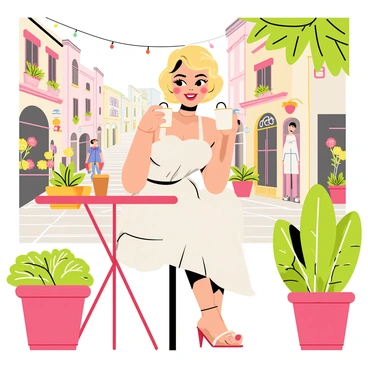 Marilyn Monroe sitting at a small round table in a quaint outdoor café. She has a playful smile on her face while holding a steaming cup of coffee in her hands. She wears a classic white dress with a fitted bodice and a flowing skirt that billows gently in the breeze. The café is surrounded by colorful potted flowers and lush green plants. In the background, there are charming cobblestone streets and small boutique shops. A few people can be seen walking by, adding to the lively atmosphere.