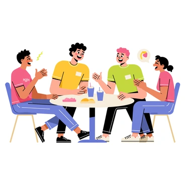 A group of four friends is gathered around a small round table. Two friends are sitting on one side, leaning in with big smiles, while the other two friends are seated across from them, laughing heartily. One friend with curly hair animatedly gestures with their hands, conveying excitement as they tell a funny story. The friends are dressed casually in colorful t-shirts and jeans, and their expressions are filled with joy and amusement. A few snacks and drinks are placed on the table, adding to the casual atmosphere of their gathering.