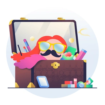 An open trunk is displayed prominently in the foreground. The trunk is made of dark brown wood with brass fittings, and it has an intricate pattern carved into its surface. Inside, there are various disguises neatly arranged, including a colorful feather boa in bright pink, a pair of oversized sunglasses with a yellow frame, and a classic black mustache. Next to them are several makeup kits, each with vibrant colors like bright red lipstick, shimmery eyeshadows in shades of blue and green, and brushes scattered about. There is a small mirror leaning against one side of the trunk, reflecting the items inside. The background features a soft gradient that complements the colors of the disguises and makeup.