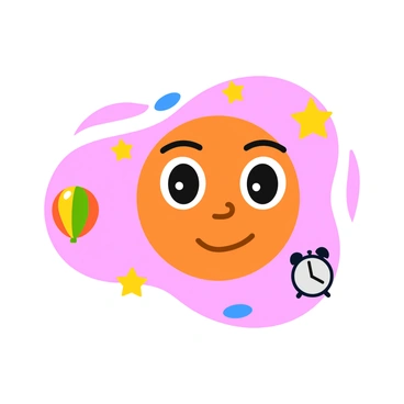 A large face with exaggerated features and vivid colors dominates the center of the image. The eyes are oversized and sparkling, with swirling patterns within them. Around the face, various whimsical objects float, including a colorful balloon, a small clock showing a peculiar time, and a shining star. The background features softly blended pastel colors, enhancing the dream-like atmosphere. The face has a serene expression, while the floating objects seem to drift leisurely in the air.