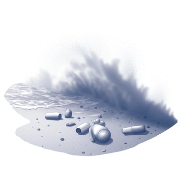 A large wave is crashing violently on the sandy shore, creating a mist of white foam at its crest. The water is churning with various pieces of plastic debris and bottles swirling within it, revealing their shapes as they are tossed about by the force of the wave. Small grains of sand are scattered around the base of the wave, with some clinging to the debris. The scene captures the dynamic movement of the wave as it interacts with the beach, highlighting the contrast between the natural force of the ocean and the man-made waste present in the water.
