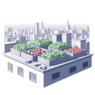 A rooftop garden filled with various rows of vegetables, including leafy greens and vibrant tomatoes. The garden is situated atop a tall building, showcasing a wooden planter arrangement that optimizes space. Below, a bustling cityscape can be seen, with tall buildings and busy streets. The sky is clear, emphasizing the height of the rooftop garden against the urban backdrop. There are garden tools neatly arranged beside the rows, and a watering can placed nearby, indicating regular maintenance.