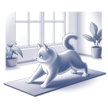 A ragdoll cat is stretching in a yoga pose on a soft mat. The cat has long, fluffy fur and striking blue eyes. The mat is located on a smooth wooden floor. The room features large windows that allow natural light to fill the space, illuminating a few potted plants in the corners. The walls are adorned with minimalistic decor, creating a serene atmosphere. The cat's posture is relaxed, with its front paws extended forward and its back arched gracefully.
