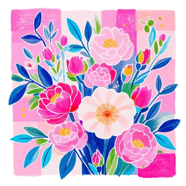 A collage is displayed, featuring various kinds of "pink flowers" arranged artistically. Each flower is distinctly illustrated, showcasing different shapes and sizes. The background consists of "textured paper," adding depth and contrast to the composition. The flowers include "roses," "peonies," and "cherry blossoms," all in shades of pink, some in full bloom while others are closed. Green leaves and stems are interspersed throughout, complementing the floral elements. The overall effect is vibrant and visually engaging, with layers that create a sense of dimension.
