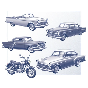 An illustration board displaying a nostalgic collage featuring various vintage cars and motorcycles. The collage includes several classic cars from the 1950s and 1960s, showcasing their distinct shapes and chrome detailing. Each vehicle is positioned at different angles, highlighting their unique designs. The motorcycles are equally vintage, with noticeable retro features such as round headlights and leather seats. The background of the collage includes subtle textures that evoke a sense of history and timelessness, creating a harmonious composition of these classic vehicles.