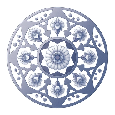 A mandala design featuring intricate patterns and symmetrical arrangements. The mandala is composed of a series of concentric circles and geometric shapes. At the center, there are detailed depictions of "ranunculus flowers" with layered petals. The flowers radiate outward in a balanced manner, each one surrounded by repeating motifs that enhance the overall symmetry. The design includes elements such as leaves and vines, contributing to the circular composition. The entire mandala has a structured layout, showcasing harmony and balance.