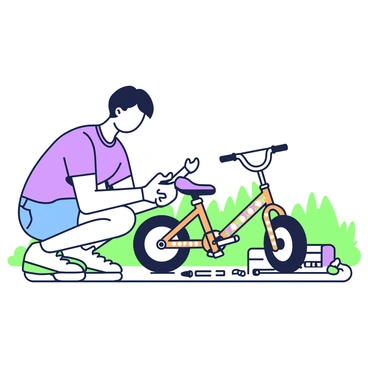 An adult is squatting down beside a small kids' bicycle equipped with training wheels. The bicycle features a bright, colorful frame with playful designs on the body. The adult, wearing a blue t-shirt and denim shorts, is using a wrench to tighten the bolts on the training wheels. Nearby, there are various tools scattered on a flat surface, including a screwdriver and a small toolbox. The setting is a sunny backyard with blades of grass visible in the background.
