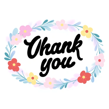 A thank you card is displayed prominently. The card features "Thank You" written in elegant calligraphy at the center. Surrounding the text are vibrant, hand-drawn flowers in various colors, including reds, pinks, and yellows. The flowers are arranged in a decorative pattern, creating a border around the card. The background of the card has a soft gradient, enhancing the overall composition.