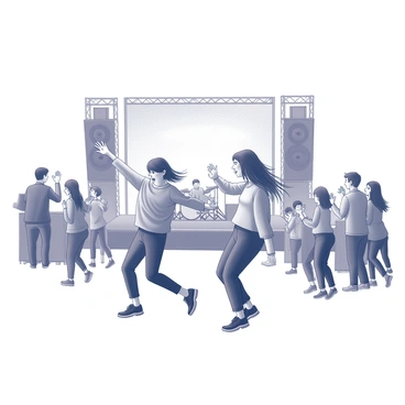 Two festival-goers are engaged in a lively dance in front of a large stage. One festival-goer has arms raised, showcasing excitement, while the other is mid-twirl, with a joyful expression. The stage features large speakers and a backdrop displaying the name of the band. Surrounding them are other festival attendees enjoying the performance, with some clapping and others dancing. The atmosphere is filled with movement and energy as the crowd immerses itself in the music.