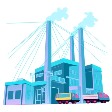A large power plant with towering smokestacks that emit plumes of smoke against a clear blue sky. The building is industrial in design, with a series of high-voltage cables arcing dramatically above it, connecting to surrounding structures. The foreground features a network of pipes and mechanical components, adding to the complex infrastructure of the plant. Various utility vehicles are stationed nearby, indicating active maintenance work. The overall scene conveys a sense of scale and energy production.