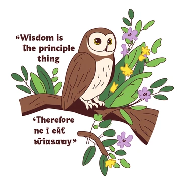 A wise owl perched on a branch, with a Bible verse about wisdom and knowledge beautifully integrated into the surrounding foliage.