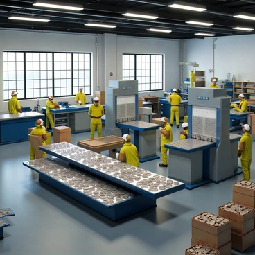 A factory interior showcasing the coin minting process. The scene features large, industrial machines designed for stamping and cutting coins, with metal sheets placed on a conveyor belt. Several workers in safety gear are attentively monitoring the machinery. Bright overhead lights illuminate the workspace, highlighting the shiny, newly minted coins that are collected in bins. The walls are lined with shelves containing various tools and equipment, while large windows offer a glimpse of the outside environment.