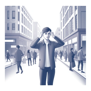 A person standing on a busy city street, with a look of discomfort on their face. They are covering their ears with both hands, trying to block out the noise around them. The surrounding area is filled with blurred movements of pedestrians and vehicles, conveying a sense of chaos and activity. The architecture of the buildings is tall and close together, adding to the feeling of being in a crowded urban environment. The pavement is crowded with people walking in different directions, some with shopping bags, while others are engaged in conversations.