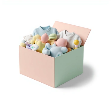 A pastel-colored box filled with cute baby clothes and toys for a baby shower.