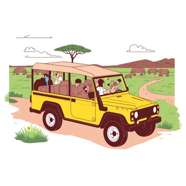 A yellow safari jeep is parked on a dusty trail in the African bush. The jeep has a canvas roof and a pair of binoculars mounted on its dashboard. Inside the jeep, several tourists are peering out, looking through binoculars, with expressions of excitement. In the distance, a group of elephants is grazing near a sparse acacia tree, their silhouettes visible against the horizon. The grass around the jeep is a light tan color, and a few wildflowers add splashes of color amidst the greenery. The scene captures a vibrant moment of wildlife observation.