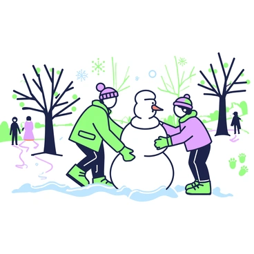 A park is filled with freshly fallen snow, creating a blanketed landscape. In the center, two children are building a snowman. One child, wearing a green coat and purple hat, is rolling a large snowball to form the base of the snowman. The other child, dressed in a purple jacket and green gloves, is carefully placing a smaller snowball on top for the head. Nearby, there are snow-covered trees with branches drooping under the weight of the snow, and snowflakes gently falling from the sky. In the background, a few people can be seen walking along a winding path, leaving footprints in the snow.