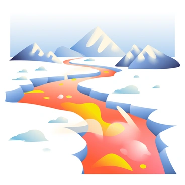 A river of bright orange molten lava is flowing through a snowy landscape. The contrast between the glowing lava and the white snow is striking. As the lava makes contact with the snow, plumes of steam are rising into the air, creating a misty effect. The surrounding snow is undisturbed, with patches of frost glistening in the light. In the background, there are rugged mountains capped with snow, framing this dramatic scene. The sky above is clear with a soft blue hue, highlighting the fiery flow below.