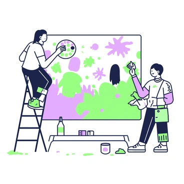 Two artists are working closely together on a large mural. One artist is on a ladder, reaching up to add details at the top of the mural, while the other artist is standing on the ground, holding a palette with various colors and selecting brushes. The mural features a vibrant scene with various elements, including abstract shapes and figures that are being brought to life. Paint splatters are visible on the ground, and several paint cans are scattered nearby. The artists are focused and engaged in their work, communicating with gestures and smiles.