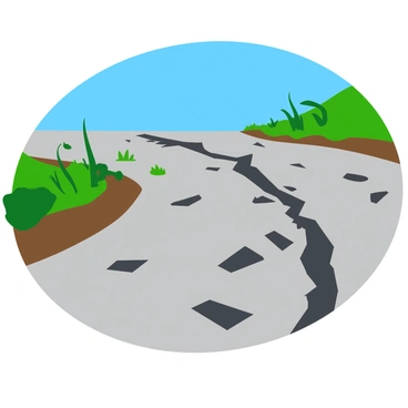 A road with visible cracks running through it, demonstrating the impact of an earthquake. The cracks are wide and jagged, with pieces of asphalt displaced and some sections slightly raised. The surface of the road is gray with darker patches of dirt and debris scattered around. Alongside the road, there are patches of grass and small weeds pushing through the cracks, indicating some resilience. In the background, a clear blue sky contrasts with the damaged surface, emphasizing the tension between nature and urban infrastructure.