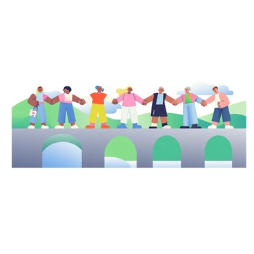 A human chain of diverse individuals is holding hands across a long bridge. The bridge is made of gray stone, with arches visible underneath. The people in the chain come from various ethnic backgrounds, including a woman with curly black hair, a man with short brown hair, and a person with long blonde hair. Each person is wearing different colored clothing, creating a vibrant display. In the background, there are green hills and a clear blue sky, adding depth to the scene. The expressions on the faces of the individuals reflect joy and unity as they stand together on the bridge.