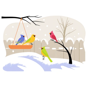 A variety of colorful birds gathered around a bird feeder in a snowy backyard. The bird feeder is a wooden structure hanging from a tree branch, filled with seeds. Vibrant yellow and blue birds sit on the feeder, pecking at the seeds. A bright red cardinal is perched on a nearby snow-covered fence. Fluffy white snow blankets the ground, creating a soft, textured surface. Snowflakes gently fall from a gray sky, adding to the winter scene. The trees in the background are bare, with some snow clinging to their branches.