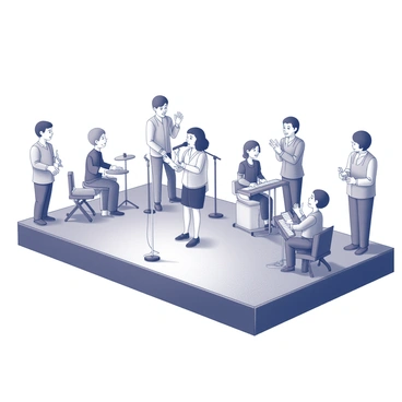 A small stage set up in a vibrant miniature environment. "Polly Pocket" is standing at the center of the stage, holding a microphone and singing. Surrounding her is a tiny band, consisting of a drummer with a miniature drum set, a guitarist with a small electric guitar, and a keyboardist at a tiny keyboard. The audience is composed of small figures, some clapping and others cheering, all displaying excitement. The stage is adorned with small decorative elements, creating a lively atmosphere for the performance.