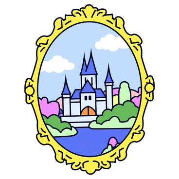 An ornate mirror with a decorative gilded frame featuring intricate floral patterns. The glass surface of the mirror reflects a majestic castle with tall spires and grand arches, surrounded by lush greenery and colorful flowers. The castle appears to have an enchanting glow, highlighting its features. The background includes a clear blue sky with soft white clouds. The mirror is positioned against a textured wall, adding depth to the scene.