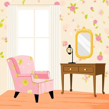 A vintage hotel room featuring floral wallpaper in pastel colors with intricate patterns of roses and daisies. The room includes an old-fashioned lamp with a stained glass shade on a wooden nightstand. A plush armchair upholstered in a complementary floral print is placed in the corner of the room. A large window with sheer curtains allows soft light to filter in, casting gentle shadows across the hardwood floor. A framed mirror with an ornate golden frame hangs above the nightstand, reflecting the warm ambiance of the space.