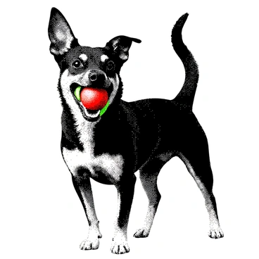 A dog proudly holding its favorite toy in its mouth.