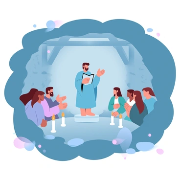 A covert sermon taking place in an underground hideout, with candlelight illuminating the scene