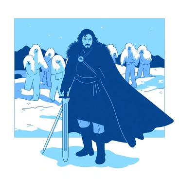 A blue Jon Snow stands firm with his sword drawn, positioned in a defensive stance. His dark hair is slightly tousled by the cold wind, and his face reflects a determined expression. In the background, a group of white White Walkers is advancing, their icy features illuminated by the moonlight. The ground is covered in a thin layer of snow, and the air seems to shimmer with a chill. Jon's black cloak flows behind him, blending into the dark atmosphere of the cold night, creating a stark contrast against the approaching figures.