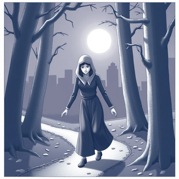 A handmaid dressed in a long, flowing gown is navigating through a dense forest under the cover of night. The trees are tall and shadowy, with gnarled branches reaching out as she moves stealthily along a narrow, winding path. The ground is littered with fallen leaves and twigs, creating a crunching sound as she steps carefully. Her expression is one of determination and urgency, with her hair partially obscured by a hood that adds an element of mystery. In the background, the faint outlines of towering trees and the glow of the moon filtering through the branches create a dramatic atmosphere. A sense of tension and anticipation fills the scene as she ventures deeper into the woods, seeking freedom.