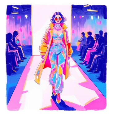 A fashion model stands confidently on a runway. She is wearing a high-tech outfit that features luminescent patterns glowing in various colors. The outfit consists of a fitted bodice and sleek pants, seamlessly integrated with futuristic elements. Her hair is styled in a modern, angular cut, and she wears bold, geometric accessories that complement the outfit. The runway is illuminated, highlighting the dynamic movement of the patterns on her attire as she poses. In the background, soft lights create an atmospheric glow.