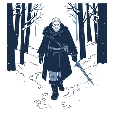A witcher trudging through a snow-laden forest, leaving a trail of footprints behind