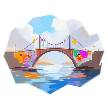 A bridge constructed of various colorful cultural symbols spans across the ocean, connecting two distinct continents. The bridge features intricate designs of traditional patterns and motifs representing diverse cultures, including geometric shapes, floral designs, and religious symbols. On one side of the bridge, there are vibrant murals depicting the landscape and architecture of one continent, while the other side showcases elements from the second continent, creating a harmonious blend. The ocean beneath the bridge sparkles under the sunlight, reflecting the colors of the symbols above.