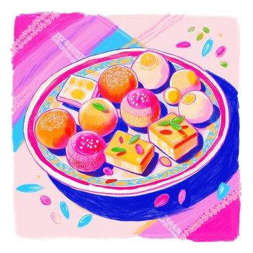 A decorative platter is filled with an array of traditional Indian sweets. The platter features brightly colored treats such as "gulab jamun," small round balls soaked in syrup, and "barfi," square pieces made from condensed milk and flavored with nuts. There are also "ladoos," round sweets made from chickpea flour, and "peda," soft, round treats often flavored with cardamom. The sweets are adorned with slivers of pistachios and almonds, adding a touch of elegance. The background includes a soft, textured fabric that complements the vibrant colors of the sweets.